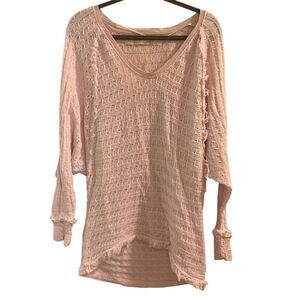 We The Free Women's Pink Oversized Fringe V-Neck Sweater Size S Boho Pastel Soft